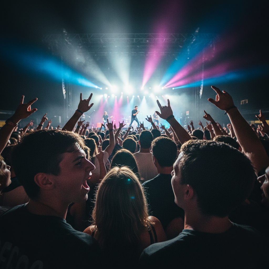 Tłum ludzi na energicznym koncercie rockowym podczas Imprezowego Weekendu w Warszawie, z uniesionymi rękami i dynamicznymi światłami sceny